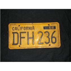 1956 California Yellow License Plate Yellow Back Ground with Black Letters and Numbers