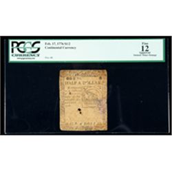 Continental Currency Feb. 17, 1776 $1/2. PCGS Fine 12 Apparent