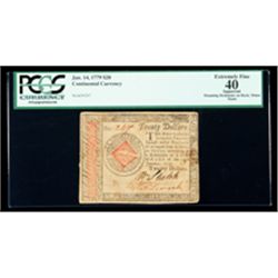 Continental Currency Jan. 14, 1779 $20. PCGS Extremely Fine 40 Apparent