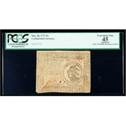 Continental Currency May 20, 1777 $3. PCGS Extremely Fine 45 Apparent