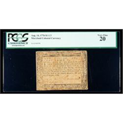 Maryland Aug. 14, 1776 $1 1/3. PCGS Very Fine 20
