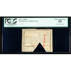 Massachusetts May 5, 1780 $5. PCGS Choice About New 55