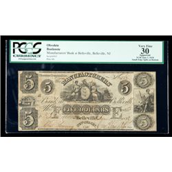 Belleville, NJ - Manufacturers' Bank at Belleville. $5 June 1, 1838. PCGS Very F