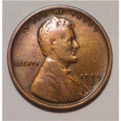 RARE 1909-S VDB LINCOLN WHEAT CENT, VF