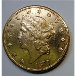 1877-CC $20.00 LIBERTY GOLD UNC, CLEANED, SAVE BIG
