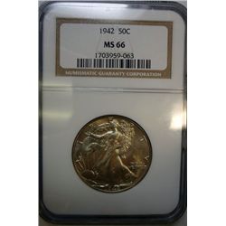 1942 WALKING LIBERTY HALF DOLLAR NGC MS66