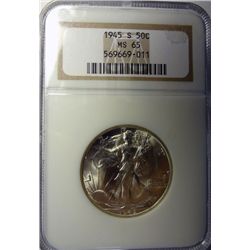 1945 S WALKING LIBERTY HALF DOLLAR NGC MS 65, GEM!