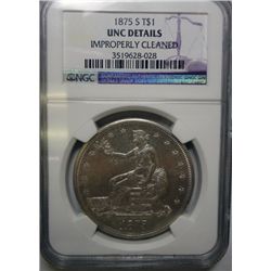 1875-S TRADE DOLLAR NGC UNC, CLEANED, NICE MS62  COIN LIGHTLY CLEANED