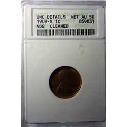 1909-S-VDB LINCOLN ONE CENT ANACS UNC, LIGHT CLEANING, LOOKS MS63, RED.