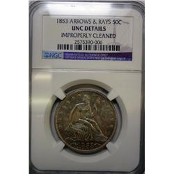 1853 ARROWS AND RAYS SEATED HALF DOLLAR NGC UNC CLEANED. A NICE MS63 COIN