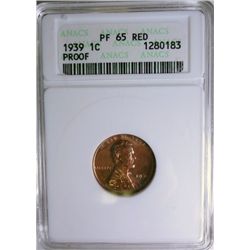 1939 LINCOLN ONE CENT ANACS PROOF 65 RED!