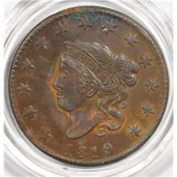 1819 LARGE CENT BEAUTIFUL AU/UNC