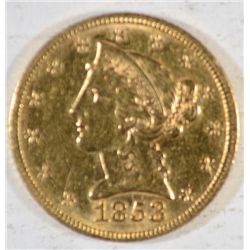 1853  $5    Gold  XF/AU est  $475-$500