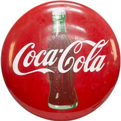 Coca-Cola w/Bottle Picture Porcelain Button Sign, Red