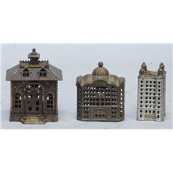 Lot Of 3 Early Cast-Iron Still Bank Buildings:
