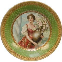 Tin Art Plate Featuring Pretty Lady Holding Jug