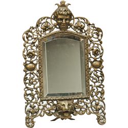 Early Ornate Yellow Brass Easel Back Beveled Mirror