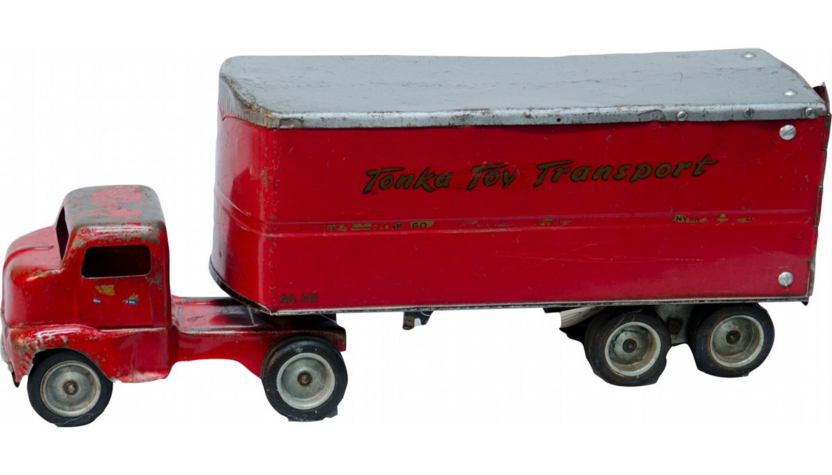 Vintage "Tonka Toy Transport" Red Toy Truck & Trailer