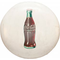 Coca-Cola w/Bottle Picture Button Sign, White - 36" Dia