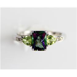 Sterling Platinum .66 Mystic Topaz .40 Peridot Ring