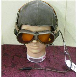 Cloth WWI Flight Helmet with Goggles and Radio Attachment