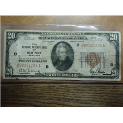 1929 $20 NATIONAL CURRENCY NEW YORK