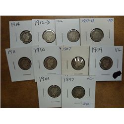 10 ASSORTED BARBER DIMES 1897-1914