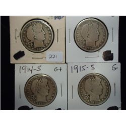 1908-O,08-O,14-S & 15-S BARBER HALF DOLLARS