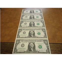 5-2003-A $1 FRN'S CONSECUTIVE LOW SERIAL #'S