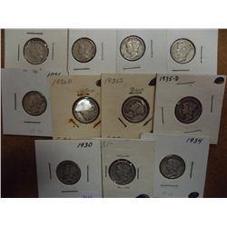 11 ASSORTED 1930'S MERCURY DIMES