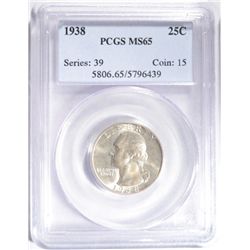 1938 WASHINGTON QUARTER PCGS MS65 GEM