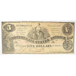 3rd issue $5 confederate note  F pinholes  est  $80-$90