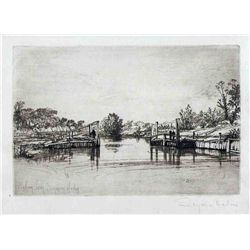 Seymour Haden Pencil-Signed Etching "Egham Lock"