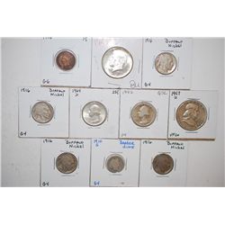 Various US Coins; Indian Head One Cent, Bufflo Nickel (4), Barber One Dime, Washington Quarter (2), 