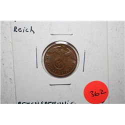 1937-F German 1 Reichspfennig Foreign Coin With Flying Eagle Holding Swatstika; BU; EST. $5-10