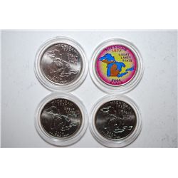 2004 Michigan State Quarter; P&D Mints; Lot of 4; One Colorized; EST. $3-5