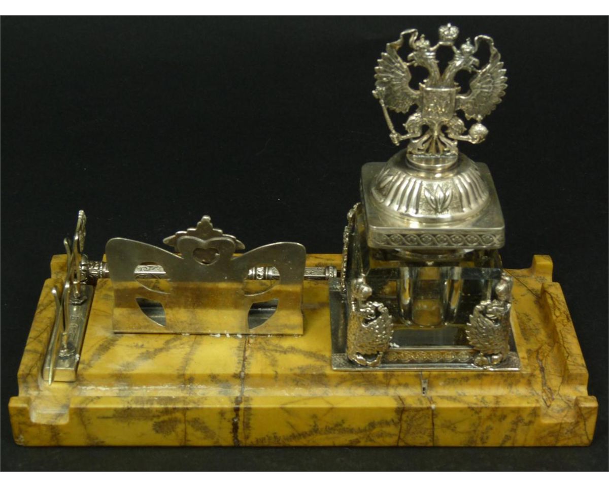 3 PIECE RUSSIAN SILVER & MARBLE INKWELL DESK SET