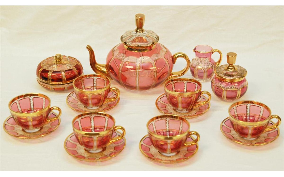 16 PIECE BOHEMIAN CRANBERRY GLASS TEA SET
