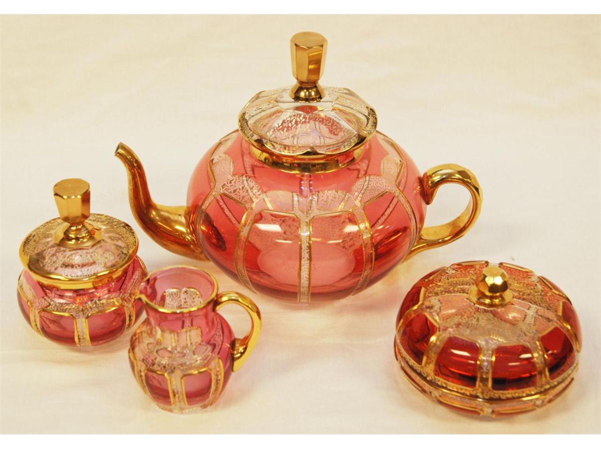 16 PIECE BOHEMIAN CRANBERRY GLASS TEA SET