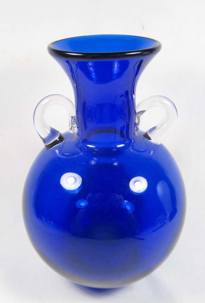 COBALT BLUE BLENKO GLASS VASE W/ CLEAR GLASS HANDLES