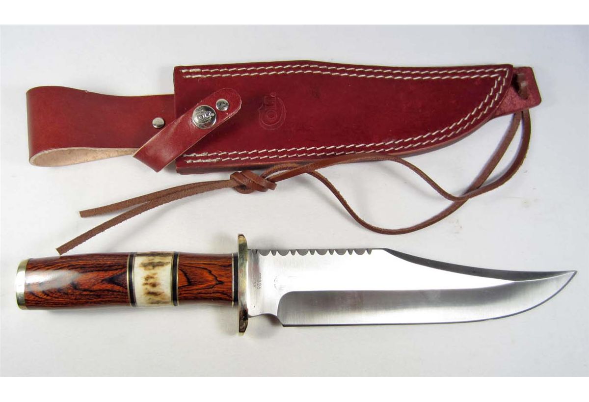 COLT SAWBACK BOWIE KNIFE W/ PAKKAWOOD AND STAG HANDLE W/ SHEATH