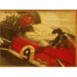 Framed watercolour of Formula 1 driver and ca...