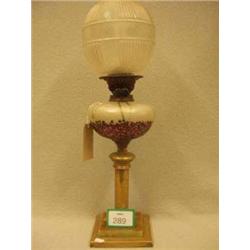 Brass and Loetz glass oil lamp with zodiac et...