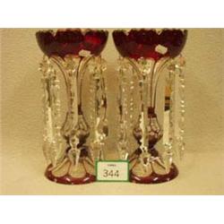 Pair of Victorian ruby and clear glass lustre...