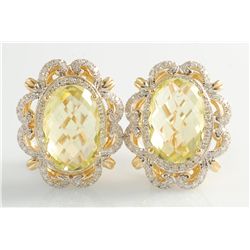 14K 7.16ct Lemon Quartz and Diamond Earrings
