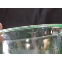 Green Vaseline Glass Mixing Bowl 9" Round 5 1/2" Tall Small Chip in Top Rim