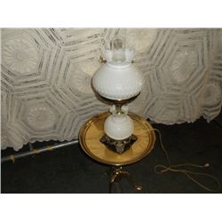 Milk Glass Gone with Wind Lamp w/brass table lamp is electric with hobnail milk glass hurricane lamp