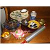 Image 1 : Chinese wooden display stand, plates, tea kettles silverplated tongs / salad servers Approx. 11 1/2"