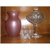 pink satin vase 8" Lidded candy dish 9" and a crystal cut pig 2"