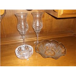 Pair of Hurricane Cut Crystal Candle Holders,& 2 Candy Dishes